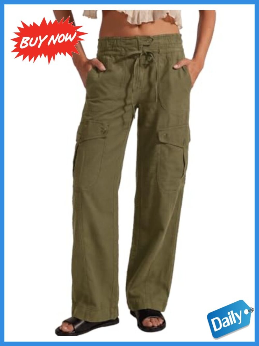 Women's 100% Cotton High Waist Cargo Pants Wide Leg Drawstring Trousers